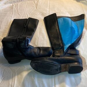 Poppy Barley Black Leather Tall Boots with Blue Lining, 9.5